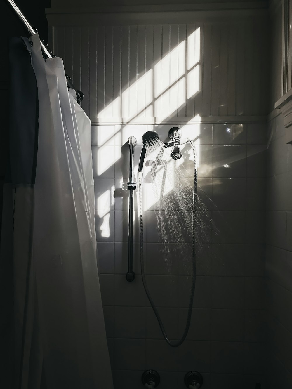 stainless steel shower head on shower stall