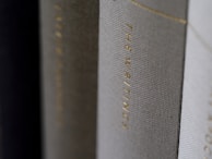 A close-up view of the spines of several hardcover books, with one prominently displaying the title 'THE WRITINGS' in gold lettering.