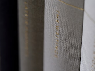 A close-up view of the spines of several hardcover books, with one prominently displaying the title 'THE WRITINGS' in gold lettering.