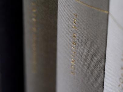 A close-up view of the spines of several hardcover books, with one prominently displaying the title 'THE WRITINGS' in gold lettering.