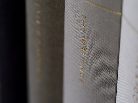 A close-up view of the spines of several hardcover books, with one prominently displaying the title 'THE WRITINGS' in gold lettering.