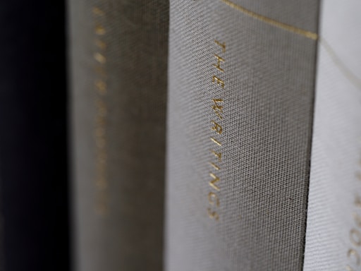A close-up view of the spines of several hardcover books, with one prominently displaying the title 'THE WRITINGS' in gold lettering.