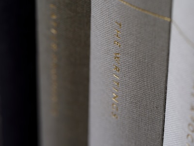 A close-up view of the spines of several hardcover books, with one prominently displaying the title 'THE WRITINGS' in gold lettering.