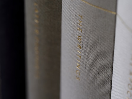 A close-up view of the spines of several hardcover books, with one prominently displaying the title 'THE WRITINGS' in gold lettering.