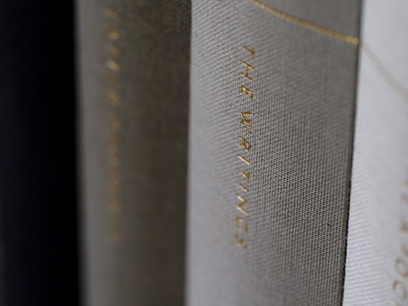 A close-up view of the spines of several hardcover books, with one prominently displaying the title 'THE WRITINGS' in gold lettering.