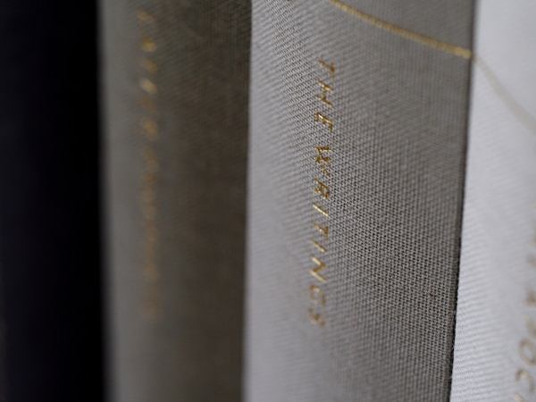 A close-up view of the spines of several hardcover books, with one prominently displaying the title 'THE WRITINGS' in gold lettering.