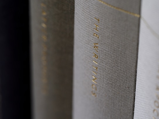 A close-up view of the spines of several hardcover books, with one prominently displaying the title 'THE WRITINGS' in gold lettering.