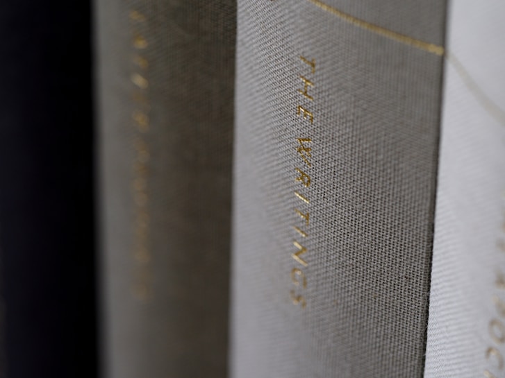 A close-up view of the spines of several hardcover books, with one prominently displaying the title 'THE WRITINGS' in gold lettering.