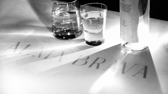 Black and white image featuring a glass of water and a bottle on a tabletop. The surface has the text 'ALMA BRAVA' with light creating shadows.