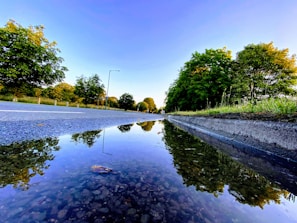 Freshly paved asphalt road with smooth surface reflecting the evening light.