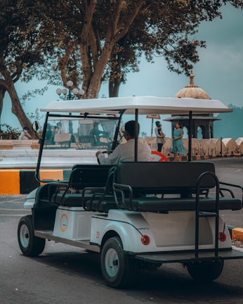 A family enjoying a ride in an electric car on resort grounds.