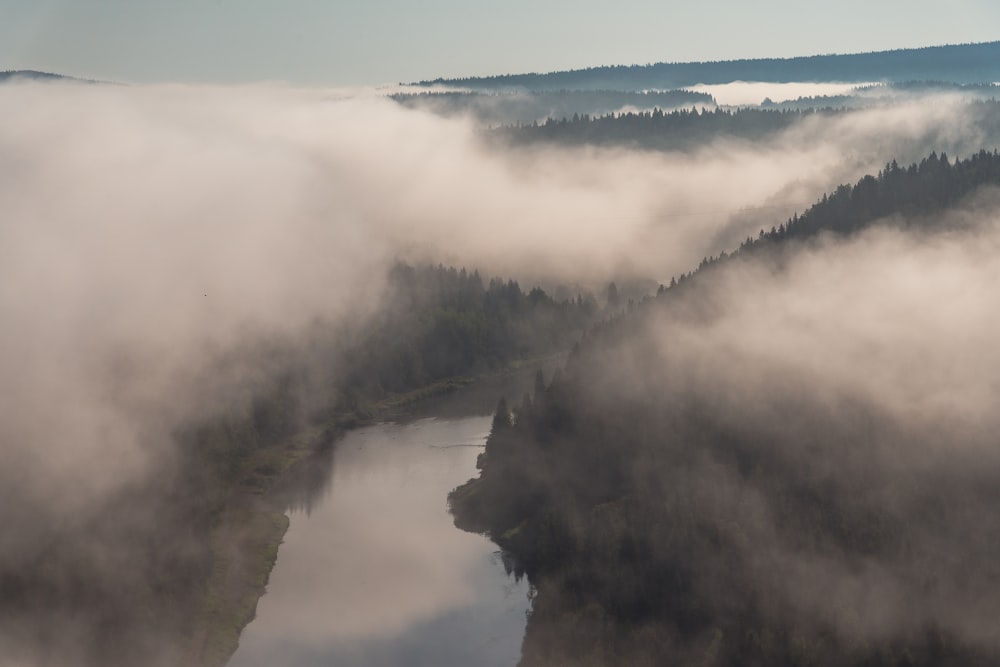 white clouds over the lake