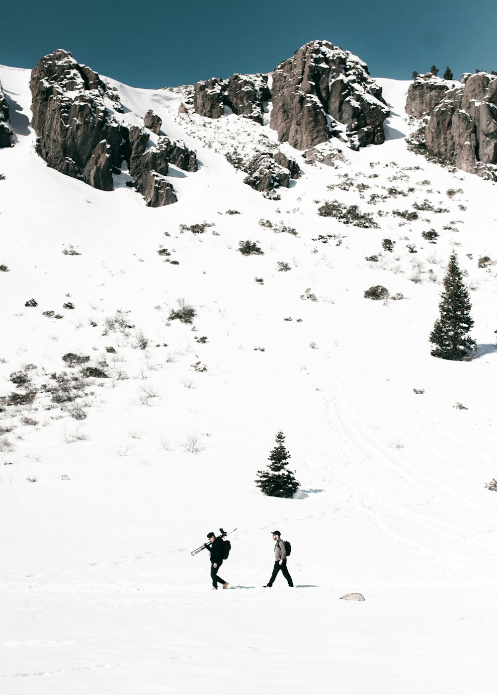 2 person walking on snow covered ground during daytime