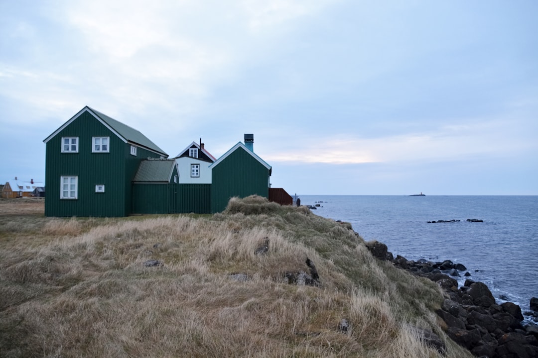 green and red wooden house on green grass field near body of water during daytime