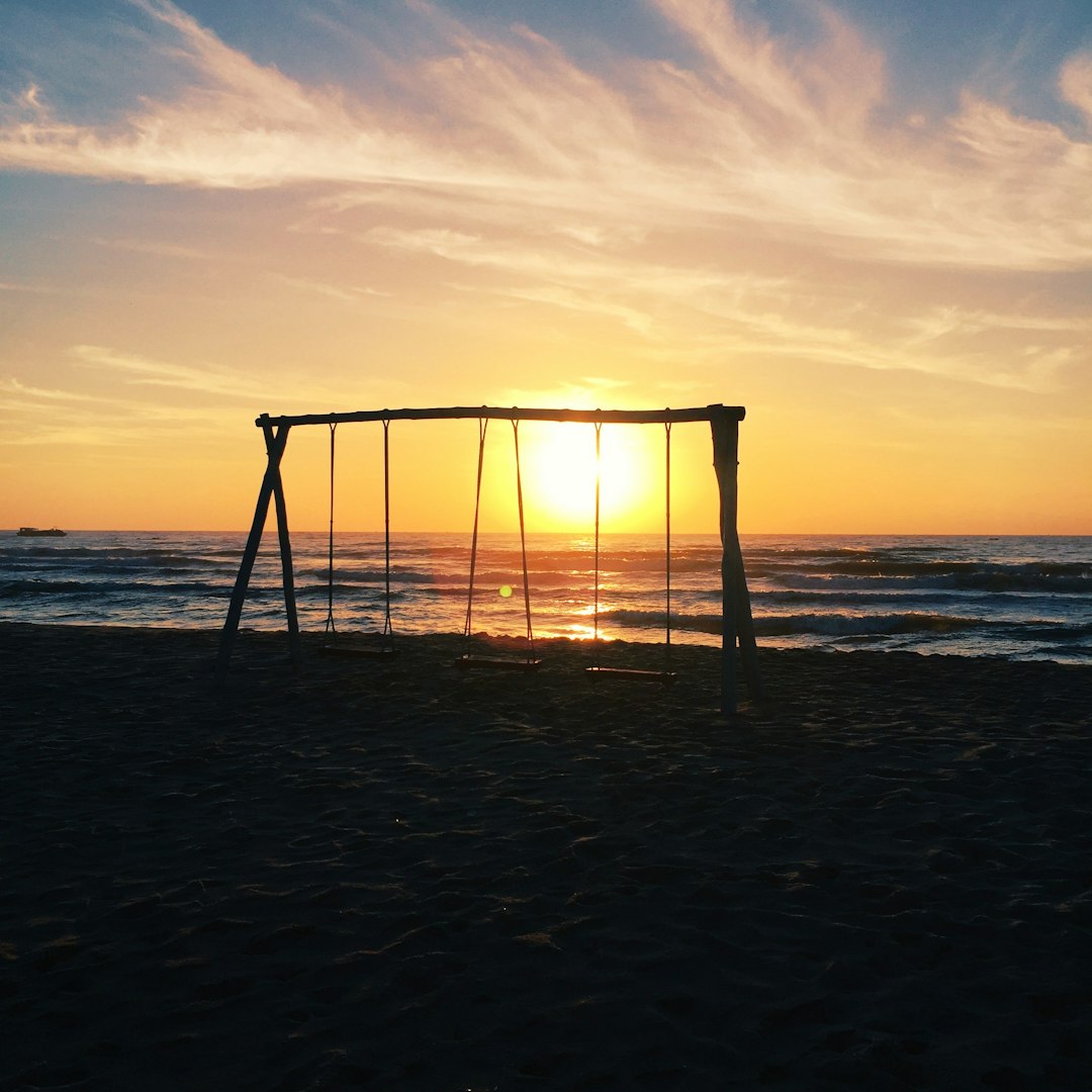 brown wooden swing on beach during sunset