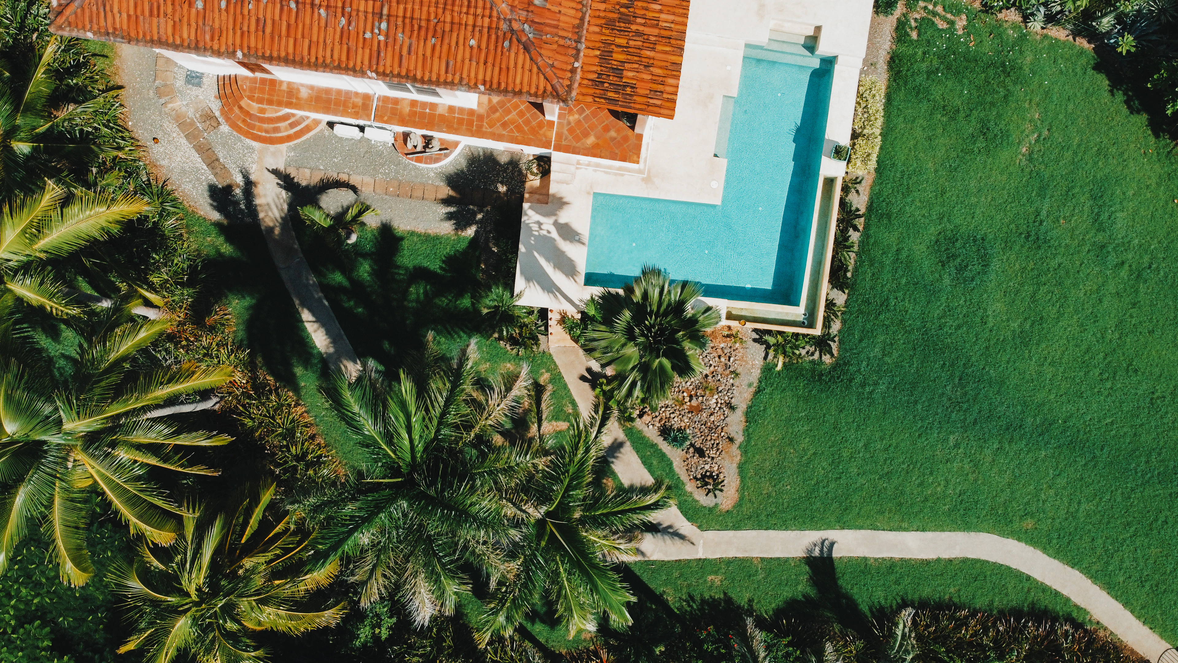 Villa with a pool, lawn and palm trees seen from above