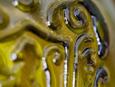 Close-up of liquid glass design elements blending with matte forest green accents.