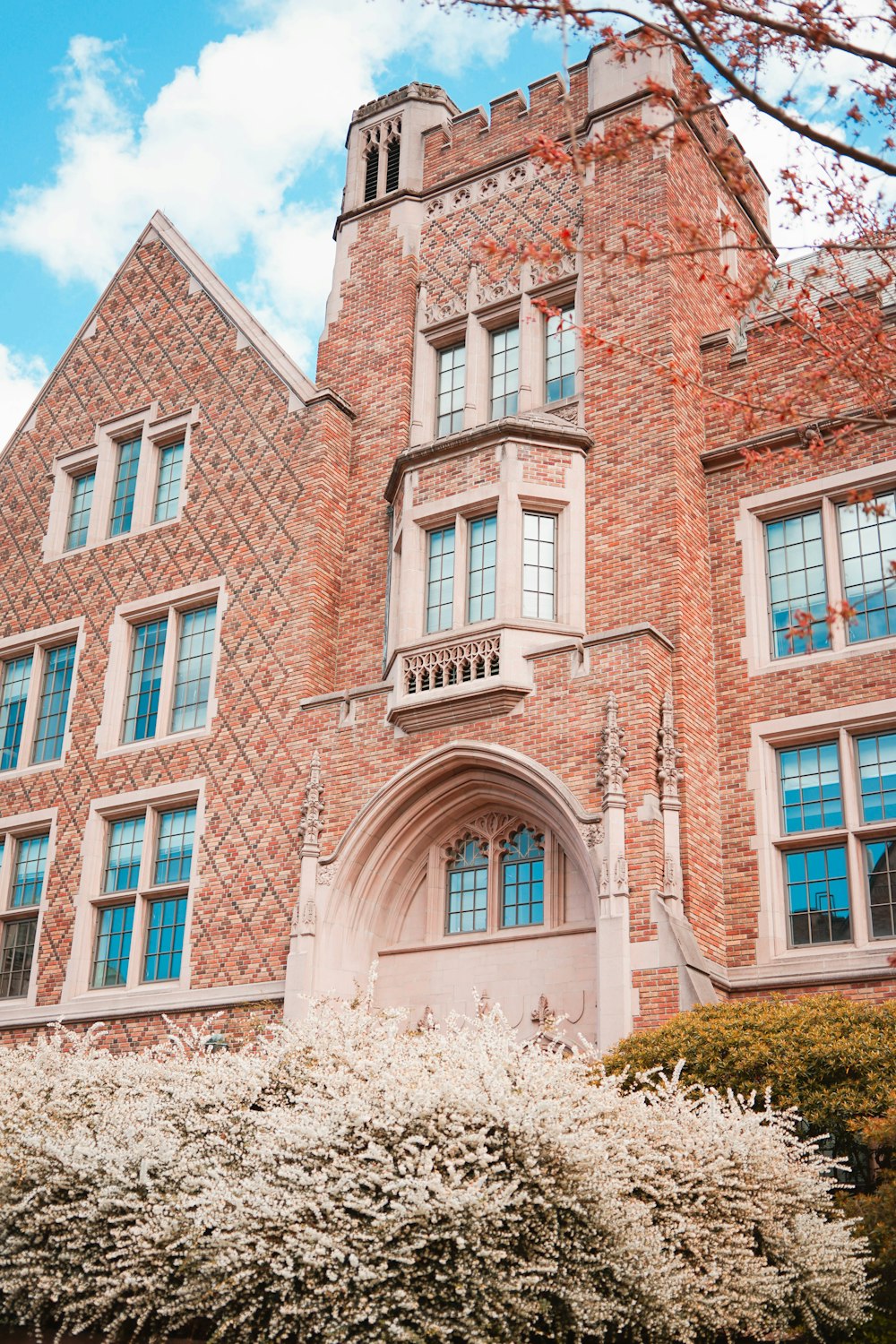 brown brick building with white flowers