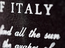 Close-up view of a textured surface with white text partially blurred. The letters are prominently visible, with 'ITALY' clearly noticeable.