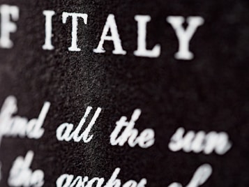 Close-up view of a textured surface with white text partially blurred. The letters are prominently visible, with 'ITALY' clearly noticeable.