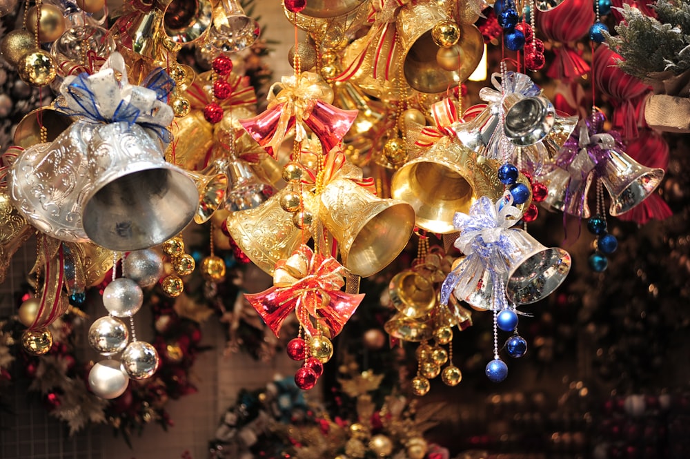 gold and red baubles on christmas tree