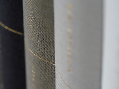 Close-up of a beautifully designed book cover with textured, muted colors.