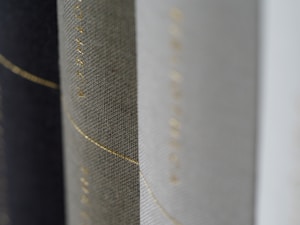 A close-up view of the spines of books, showing the textured fabric covers with minimal gold lettering along the edges. The colors are muted and earthy, blending quietly together.