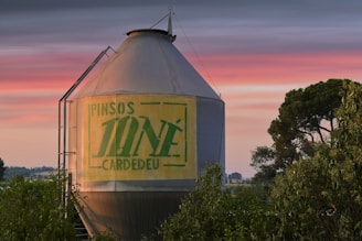 A large cylindrical metal grain silo with the words 'PINSOS JONÉ CARDEDEU' painted on it, surrounded by lush green trees and vegetation. The sky in the background features a colorful gradient from blue to pink, suggesting sunrise or sunset.
