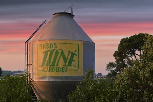 A large cylindrical metal grain silo with the words 'PINSOS JONÉ CARDEDEU' painted on it, surrounded by lush green trees and vegetation. The sky in the background features a colorful gradient from blue to pink, suggesting sunrise or sunset.