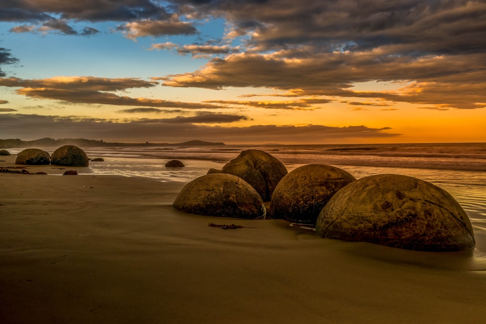 brown rocks on beach during sunset