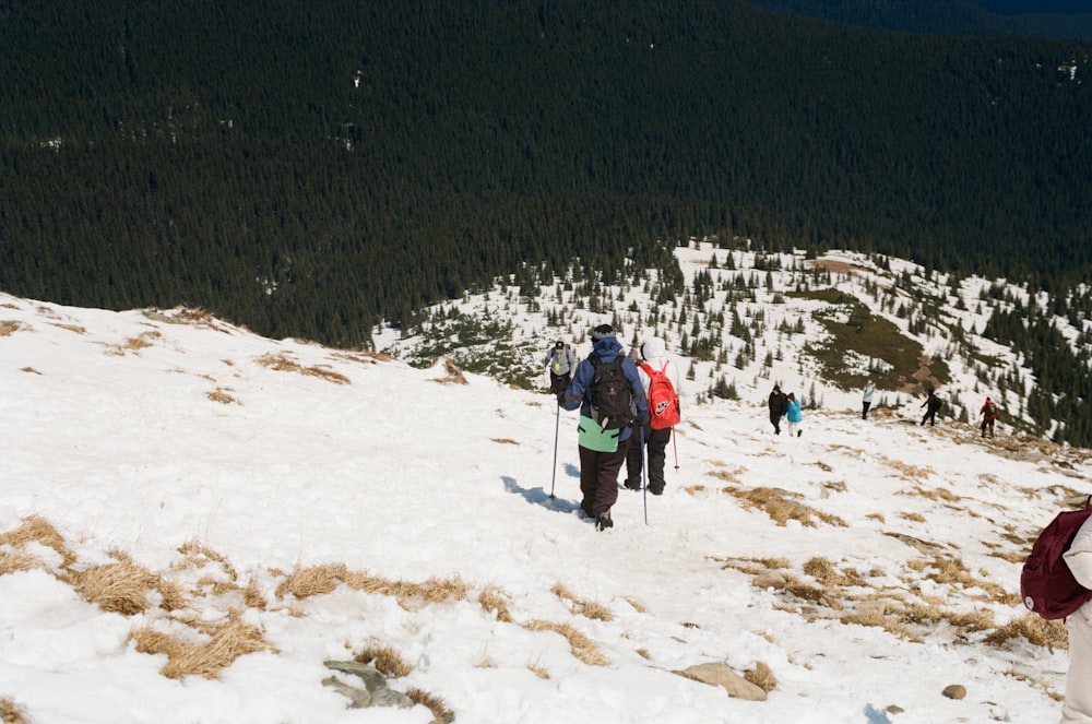 people hiking on snow covered mountain during daytime