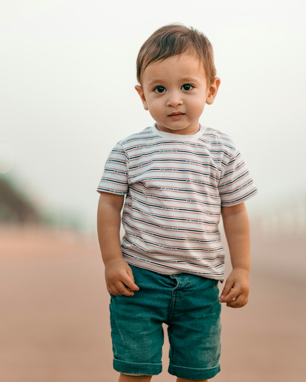 boy in white and gray striped crew neck t-shirt and blue denim shorts