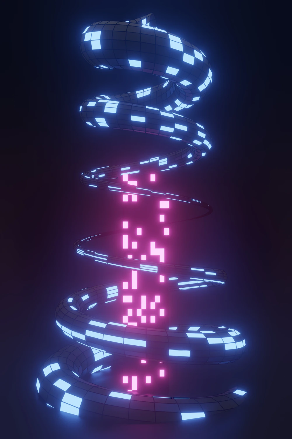 Abstract spiral of illuminated blue and pink tiles