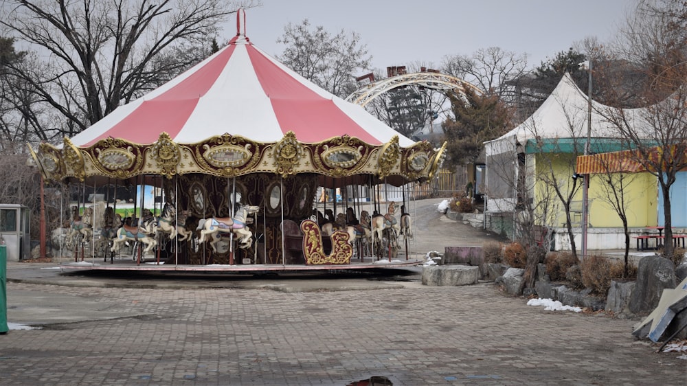 white and brown carousel with people on it
