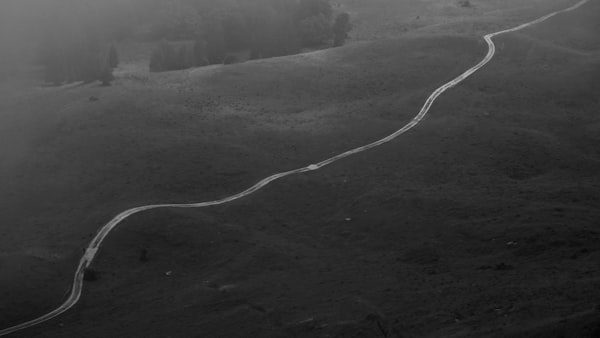 a road through green hills on a foggy morning