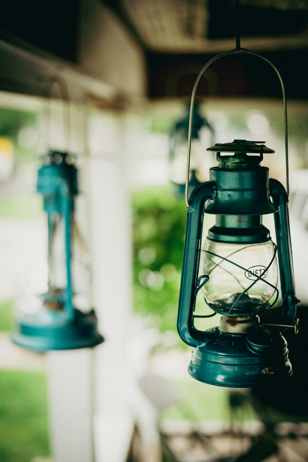 blue and black lantern lamp