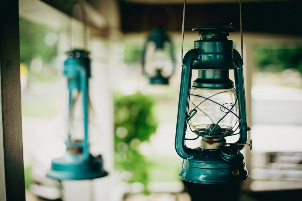 blue and black lantern lamp