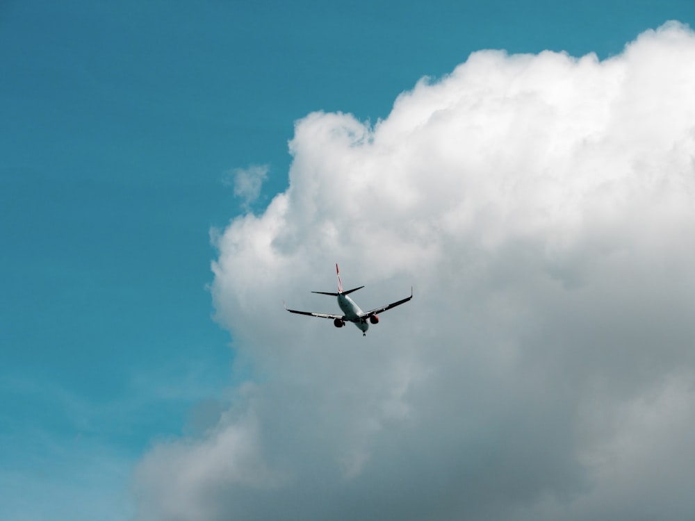 white and red airplane in mid air under blue sky during daytime