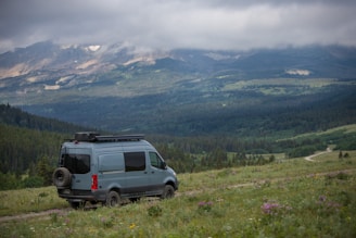 A van is parked on a grassy hillside, overlooking a vast landscape of mountains and forests under a cloudy sky. The scene conveys a sense of adventure and solitude, with the mix of wildflowers in the foreground adding a touch of color to the natural setting.