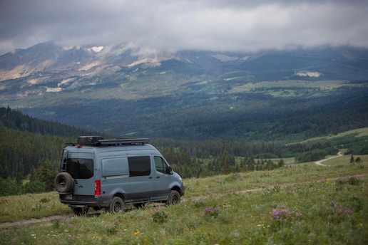 A van is parked on a grassy hillside, overlooking a vast landscape of mountains and forests under a cloudy sky. The scene conveys a sense of adventure and solitude, with the mix of wildflowers in the foreground adding a touch of color to the natural setting.