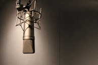 Microphone hanging in a professional music recording booth.