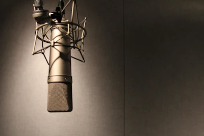 Close-up of a professional microphone with soft lighting in the background.