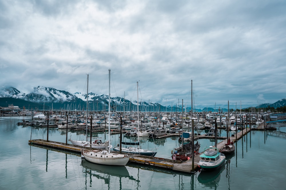 boats on dock under cloudy sky during daytime