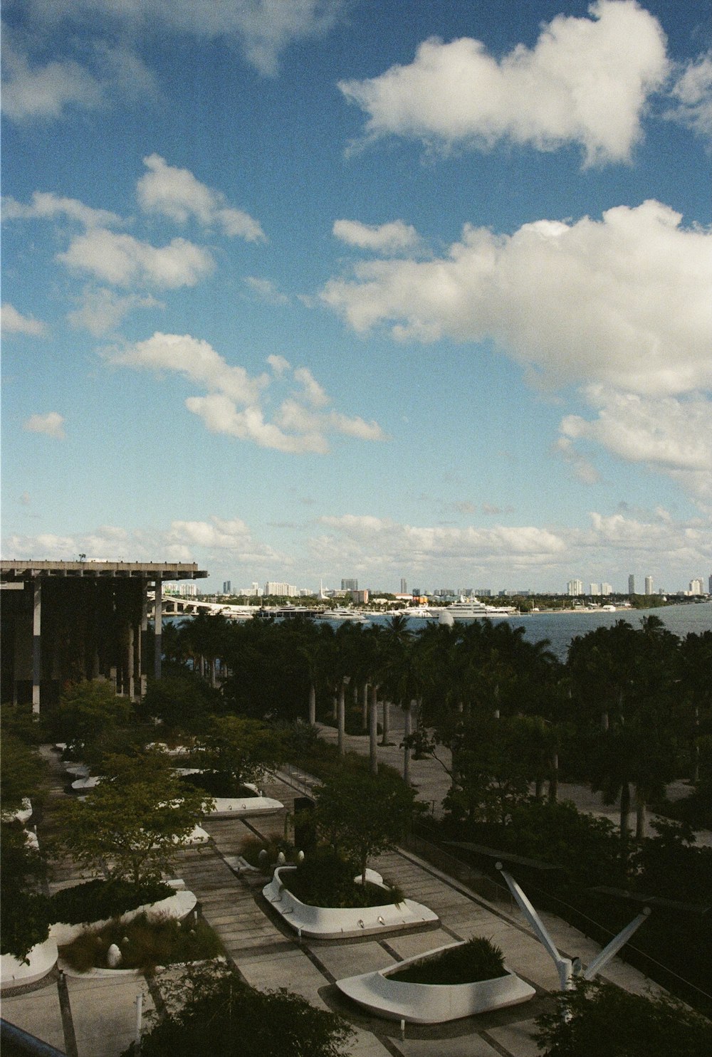 a view of a park with a body of water in the background