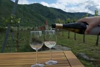 A hand holding a wine bottle pours white wine into one of two empty glasses placed on a wooden table. In the background, there are rows of vineyards and a view of lush green hills under a partly cloudy sky.