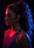 A woman with long, curly hair is illuminated by dramatic lighting, featuring vibrant red and blue tones. She's wearing a sleeveless top and earrings, and is positioned in profile against a dark background.