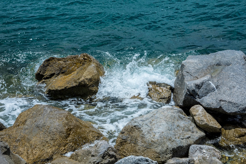 brown rocky shore with ocean waves crashing on rocks during daytime