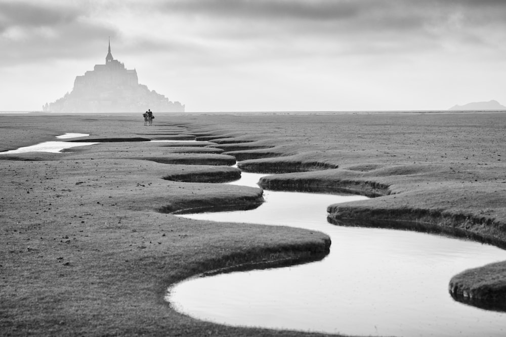 gray scale photo of body of water