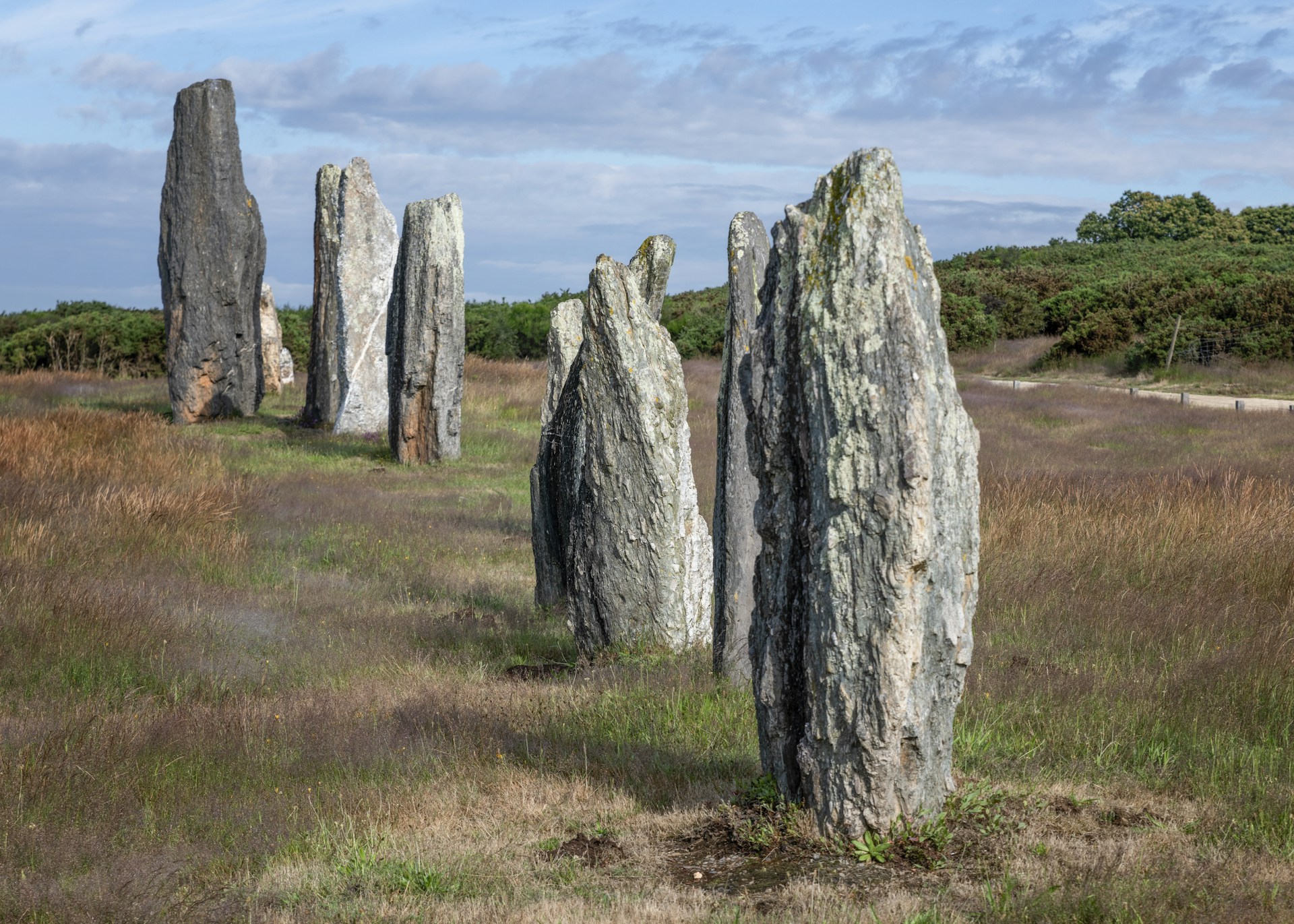gray rock formation on green grass field under white clouds during daytime