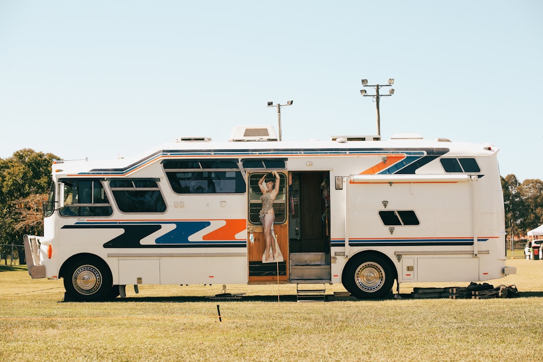 white and brown bus on green grass field during daytime